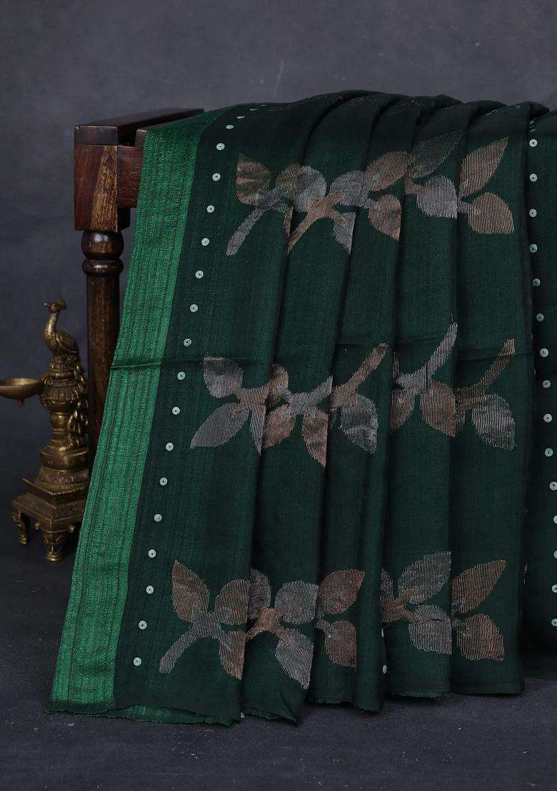 Bottle Green Matka Tussar Silk Jamdhani Saree With Traditional Woven Design For Women - Indya