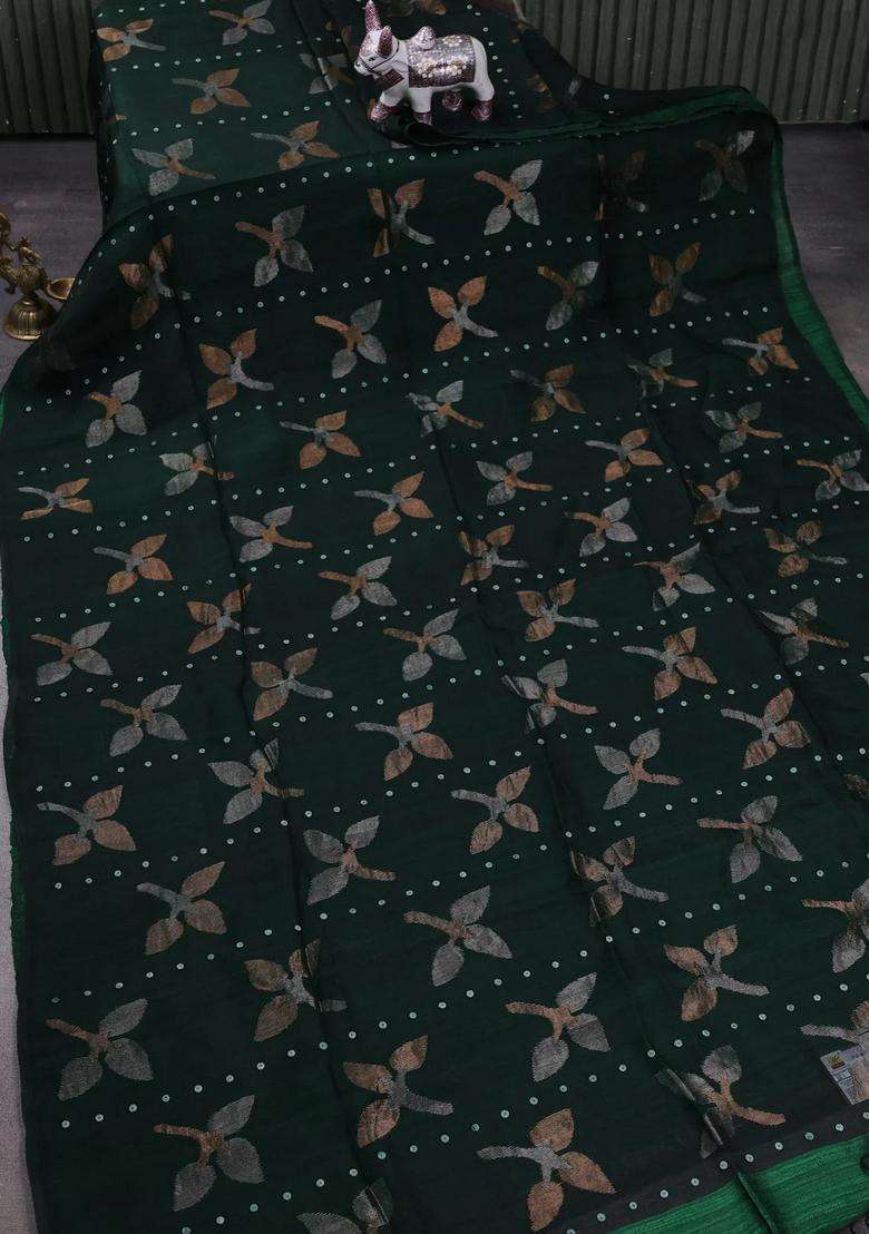 Bottle Green Matka Tussar Silk Jamdhani Saree With Traditional Woven Design For Women - Indya