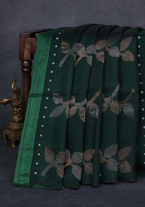 Bottle Green Matka Tussar Silk Jamdhani Saree With Traditional Woven Design For Women