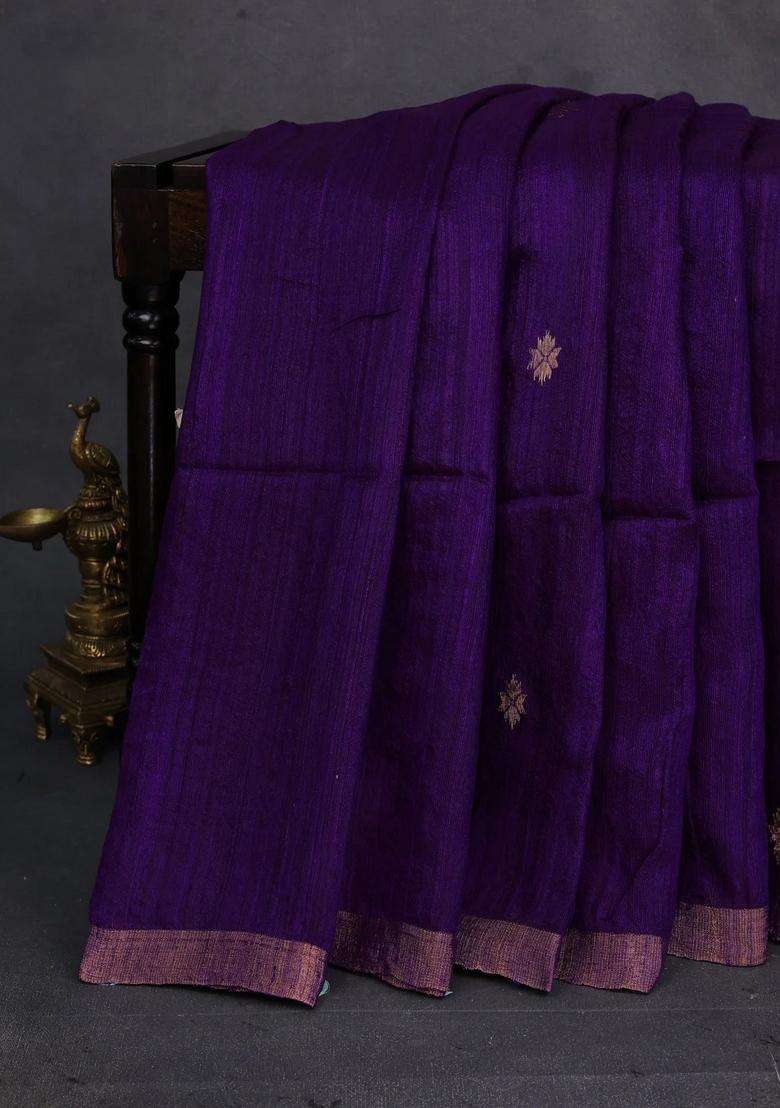 Purple Matka Tussar Silk Buttas Saree With Buttas And Brocade Design For Women - Indya