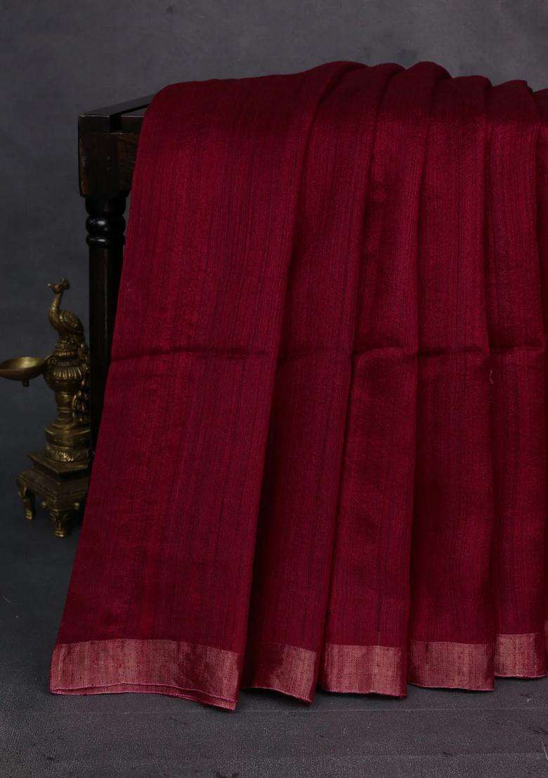 Maroon Matka Tussar Silk Buttas Saree With Buttas And Brocade Design For Women - Indya
