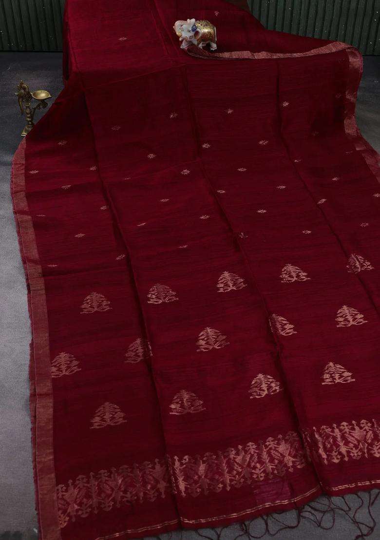Maroon Matka Tussar Silk Buttas Saree With Buttas And Brocade Design For Women - Indya