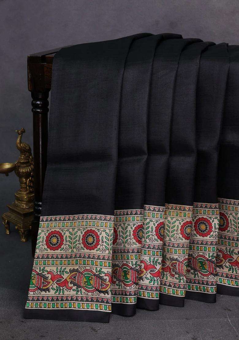 Black Beige Madhubani Printed Silk Saree For Women - Indya