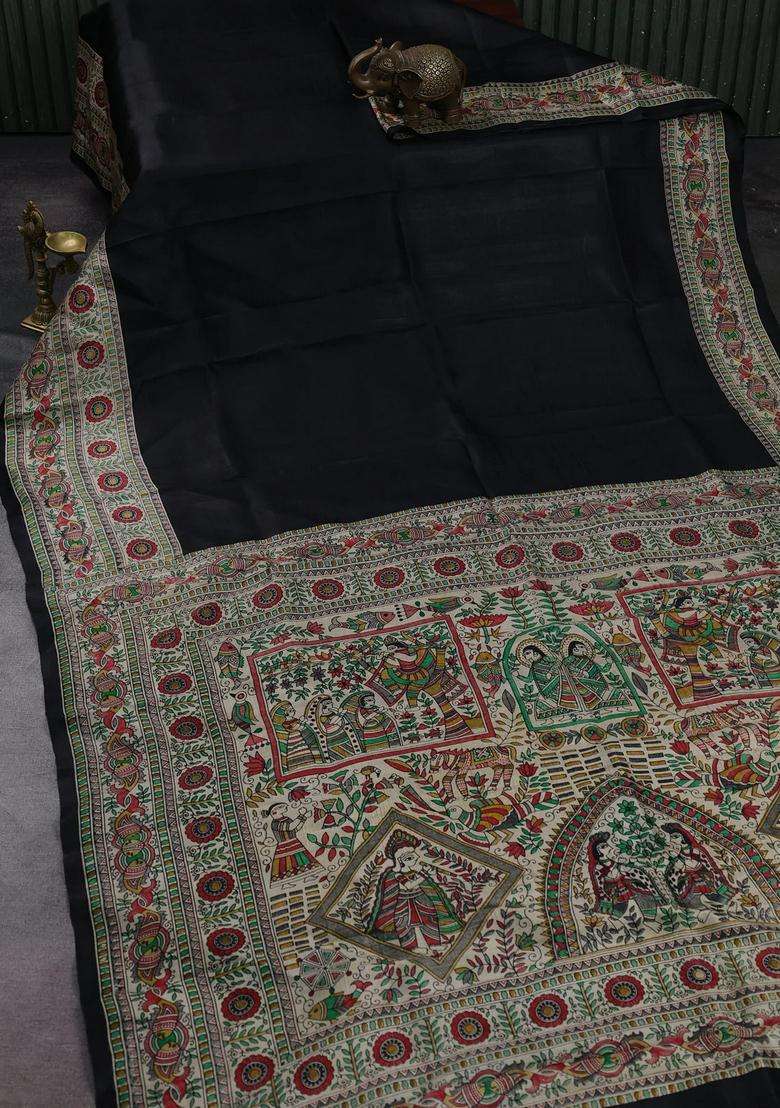 Black Beige Madhubani Printed Silk Saree For Women - Indya