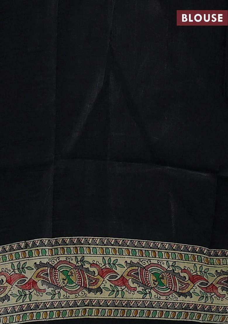Black Beige Madhubani Printed Silk Saree For Women - Indya