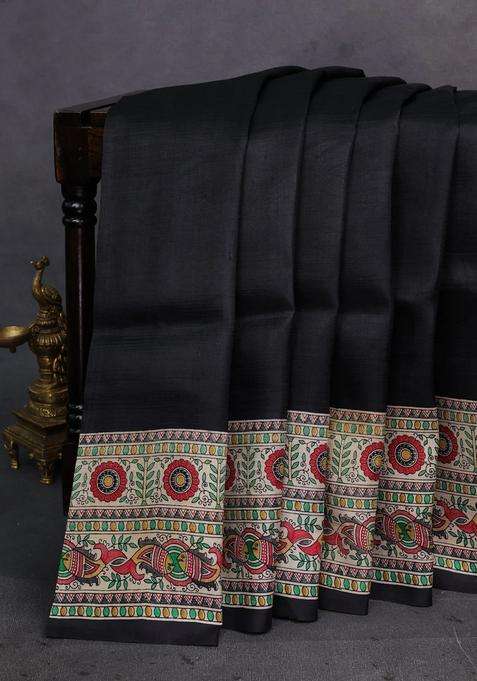 Black Beige Madhubani Printed Silk Saree For Women
