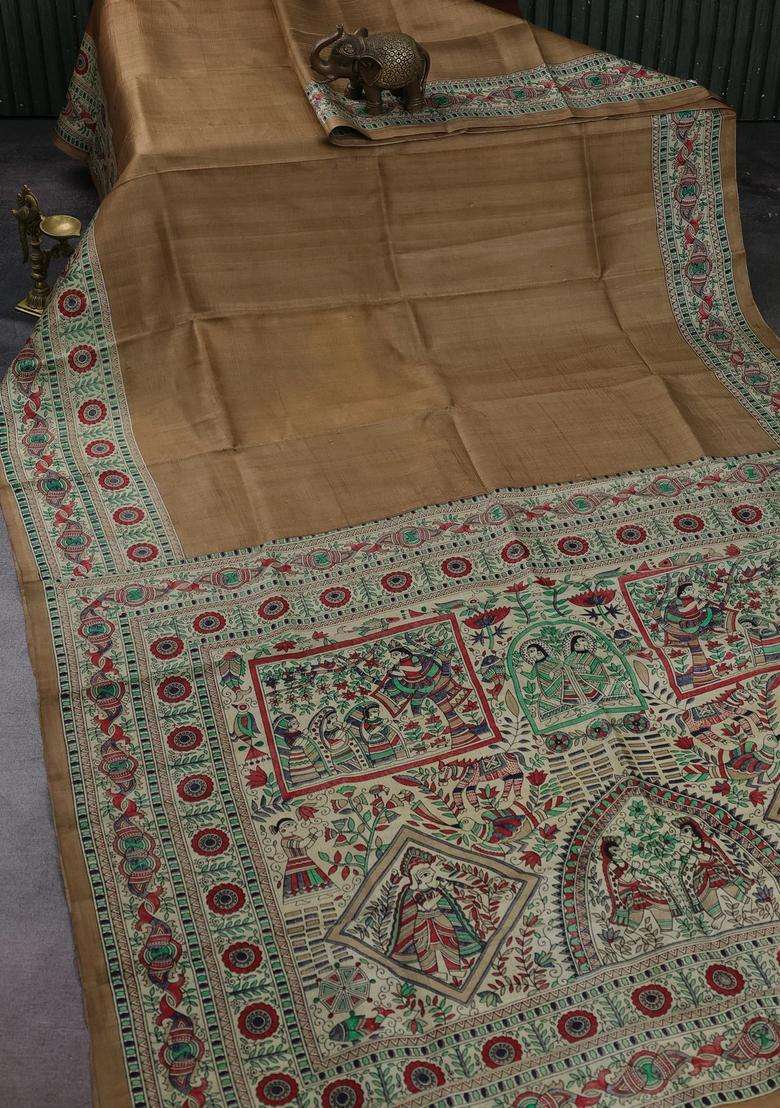 Beige Cream Madhubani Printed Silk Saree For Women - Indya