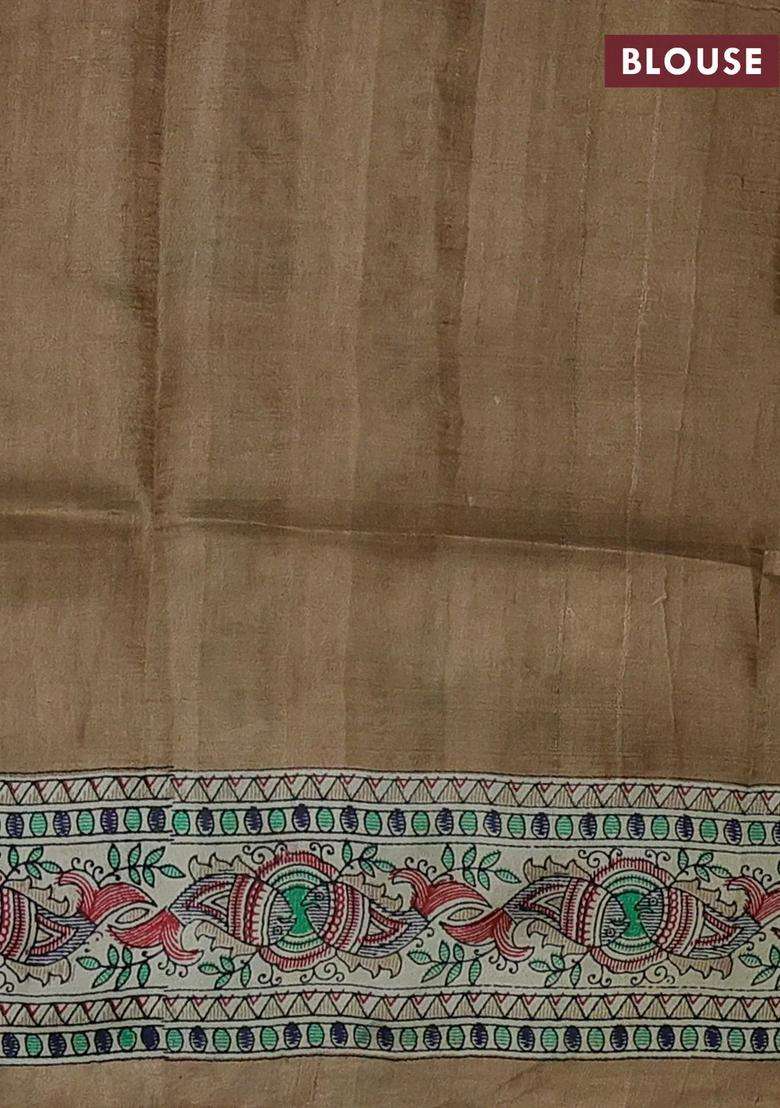 Beige Cream Madhubani Printed Silk Saree For Women - Indya