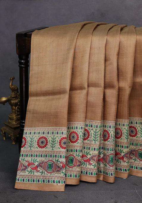Beige Cream Madhubani Printed Silk Saree For Women