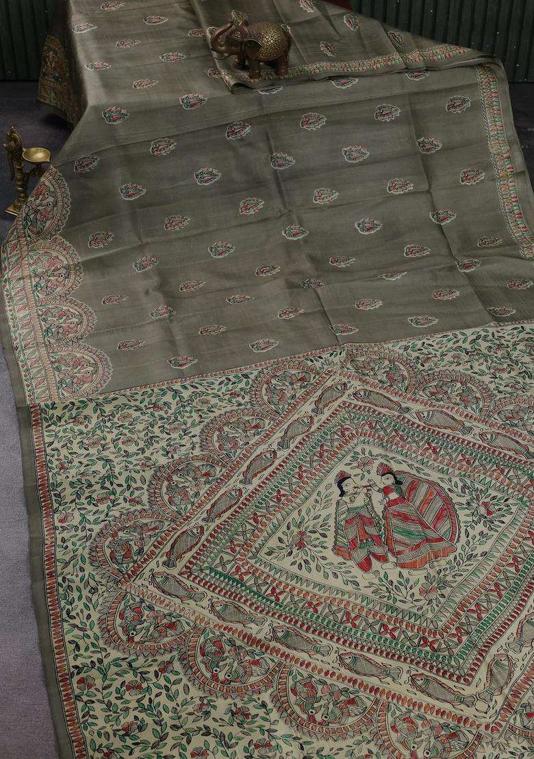 Grey Beige Madhubani Printed Silk Saree For Women - Indya