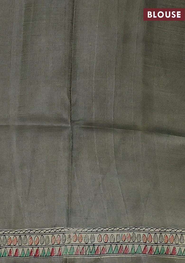 Grey Beige Madhubani Printed Silk Saree For Women - Indya