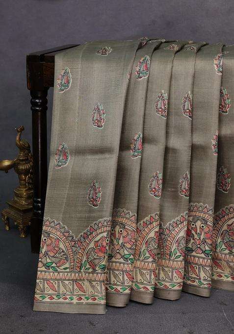 Grey Beige Madhubani Printed Silk Saree For Women