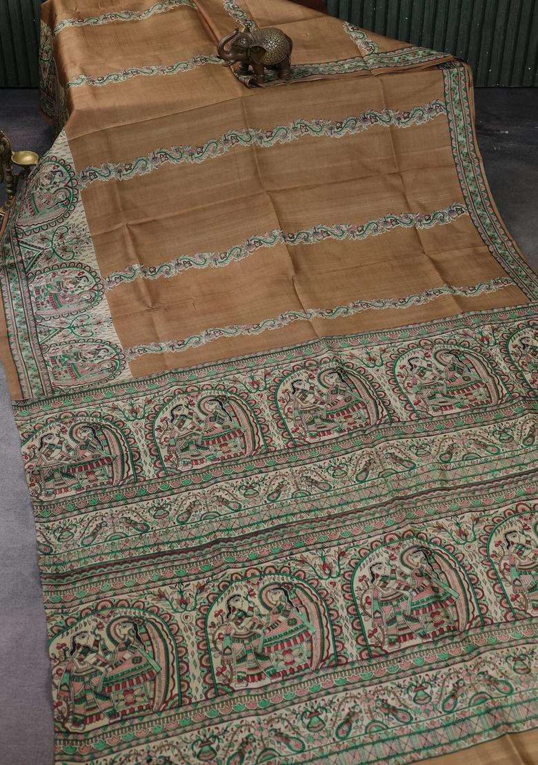 Beige Cream Madhubani Printed Silk Saree For Women - Indya