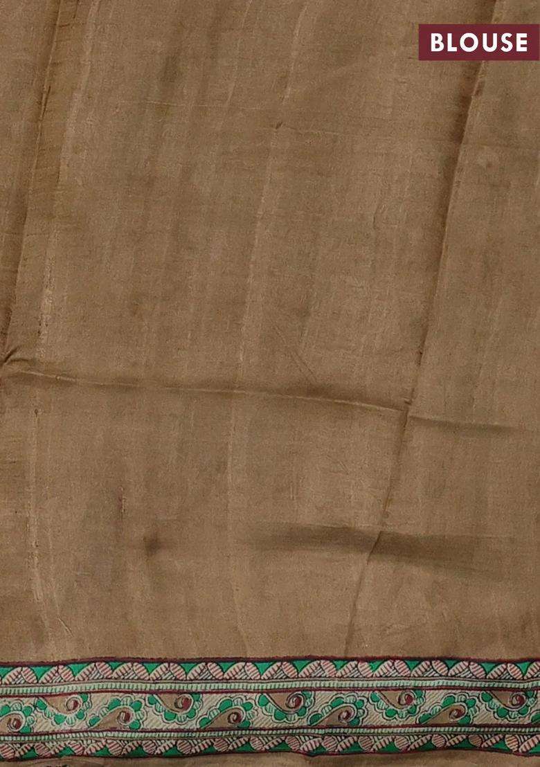 Beige Cream Madhubani Printed Silk Saree For Women - Indya