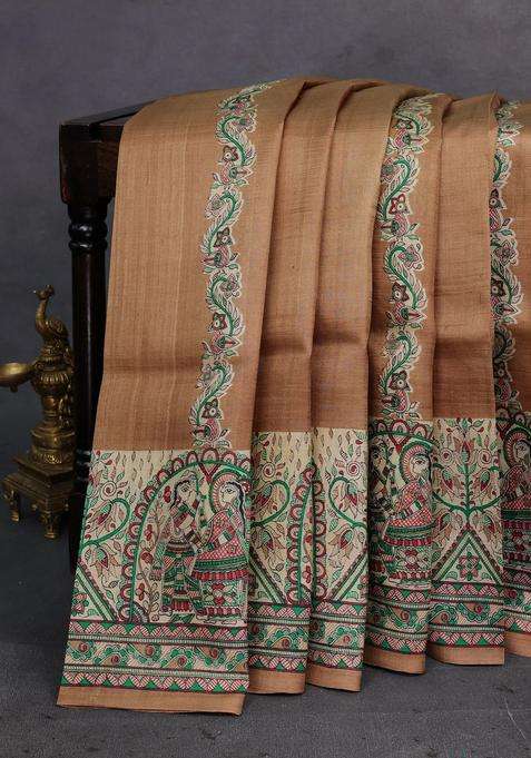 Beige Cream Madhubani Printed Silk Saree For Women
