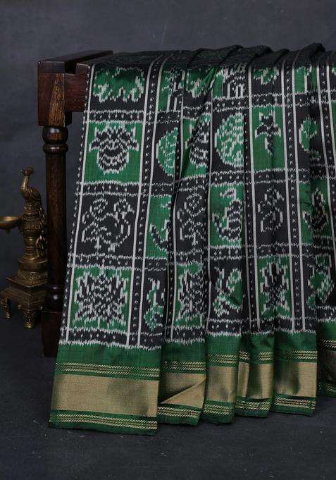 Black Green Pochampally Silk Saree With Traditional Woven Design For Women