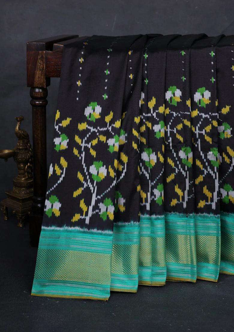 Black Teal Green Pochampally Silk Saree With Traditional Woven Design For Women - Indya