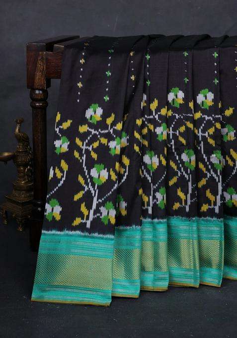 Black Teal Green Pochampally Silk Saree With Traditional Woven Design For Women