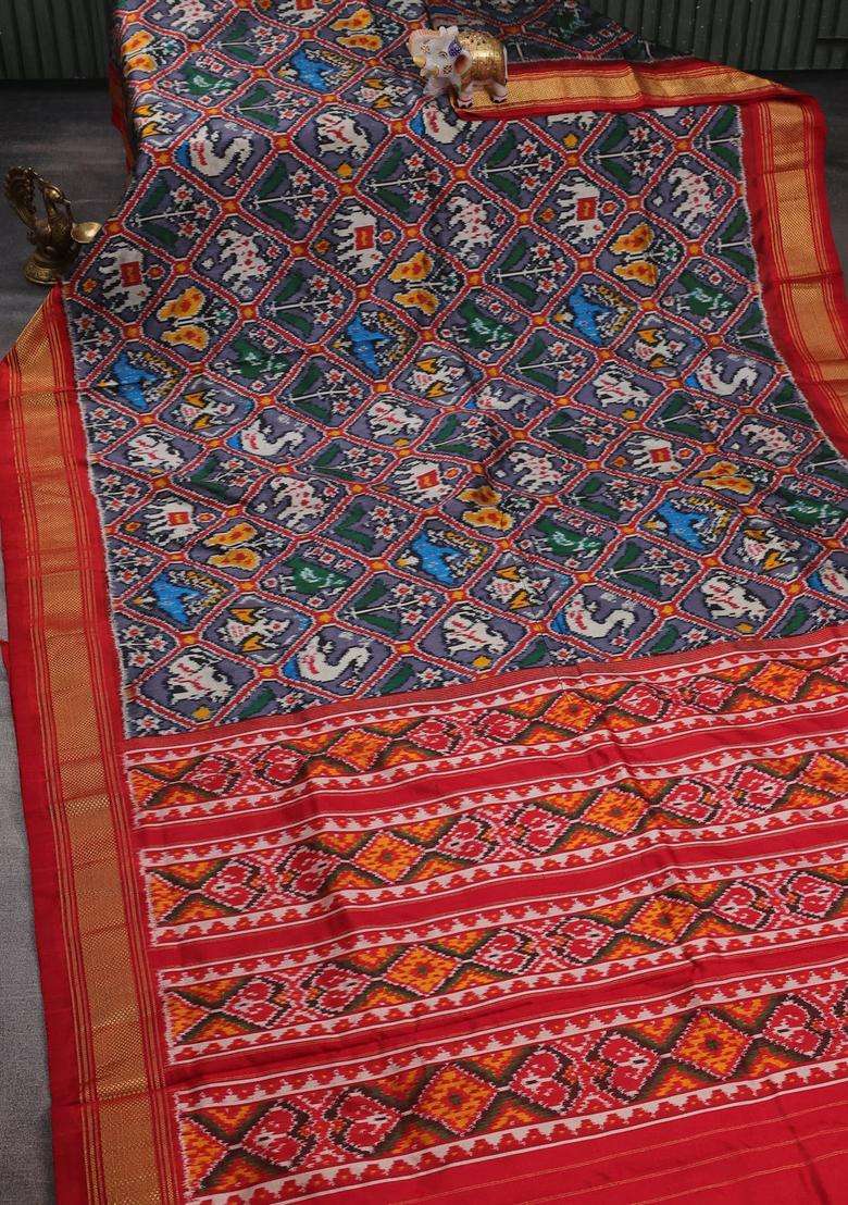 Grey Red Pochampally Silk Saree With Traditional Woven Design For Women - Indya