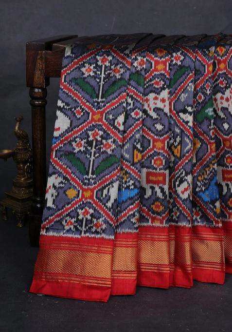 Grey Red Pochampally Silk Saree With Traditional Woven Design For Women
