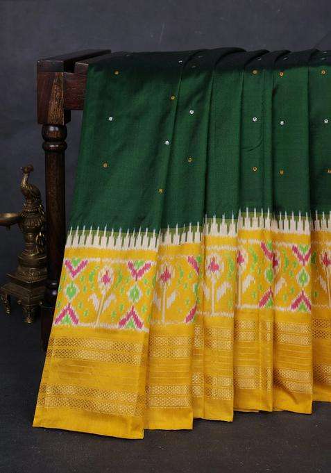 Bottle Green Yellow Pochampally Silk Saree With Traditional Woven Design For Women