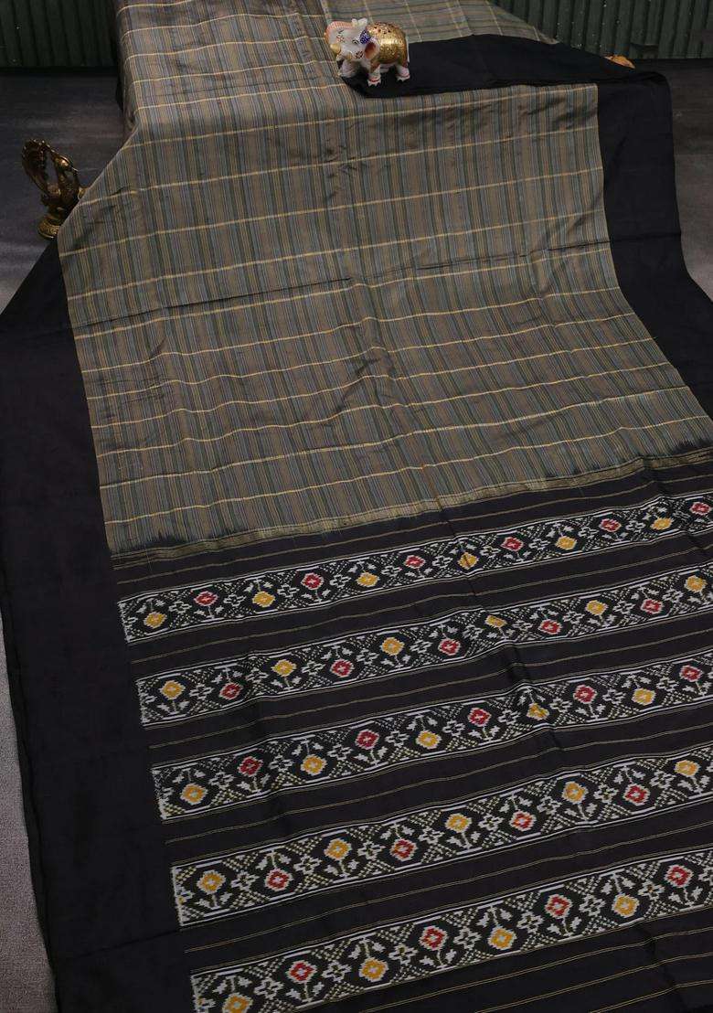 Grey Black Pochampally Silk Saree With Traditional Woven Design For Women - Indya