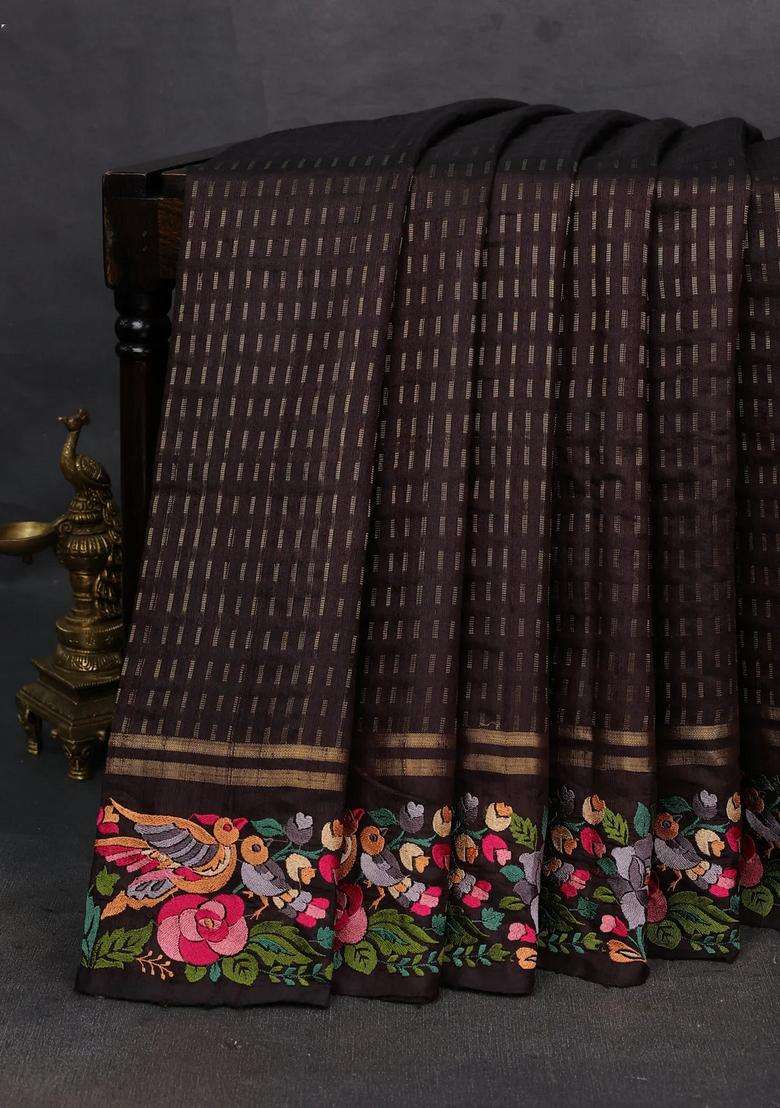 Coffee Brown Pure Dupion Silk Embroidery Saree With Embroidered Design For Women - Indya