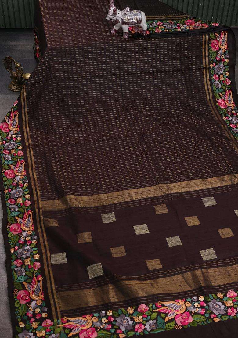 Coffee Brown Pure Dupion Silk Embroidery Saree With Embroidered Design For Women - Indya