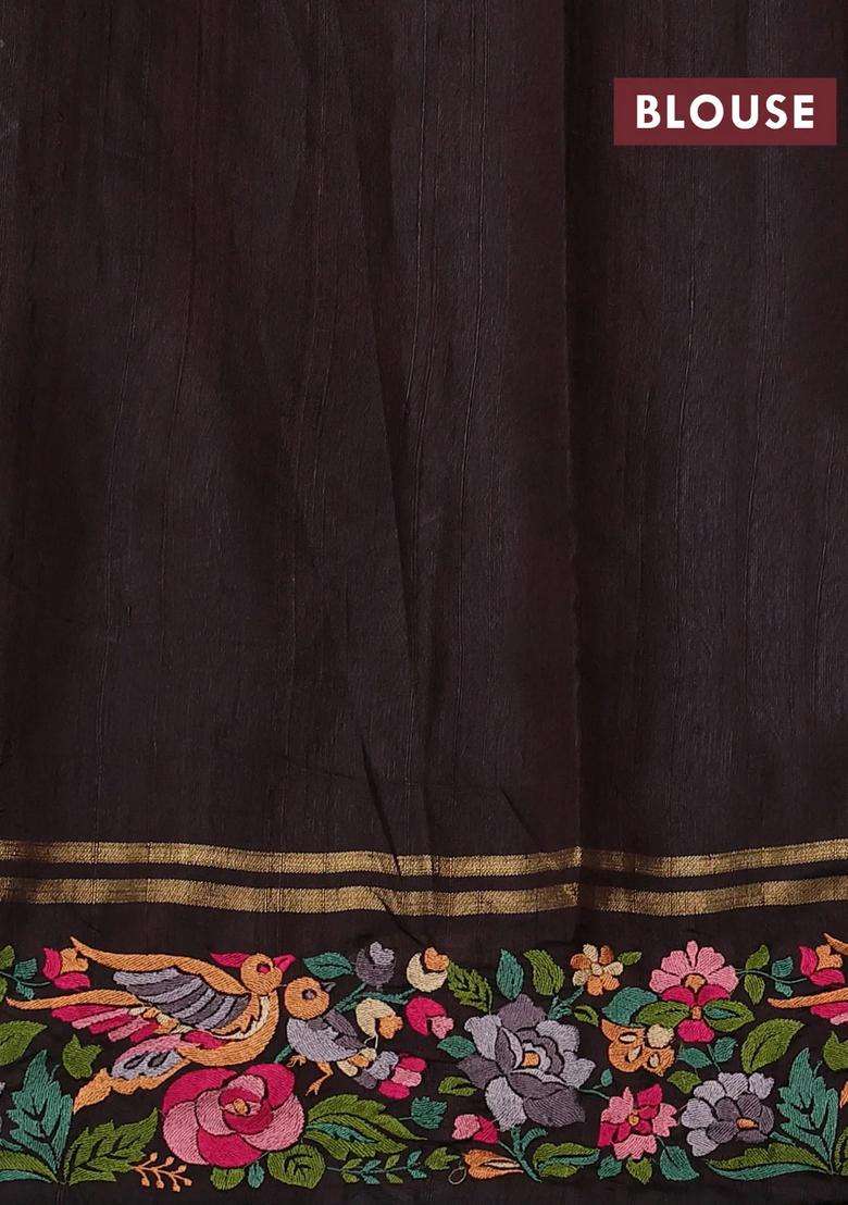 Coffee Brown Pure Dupion Silk Embroidery Saree With Embroidered Design For Women - Indya