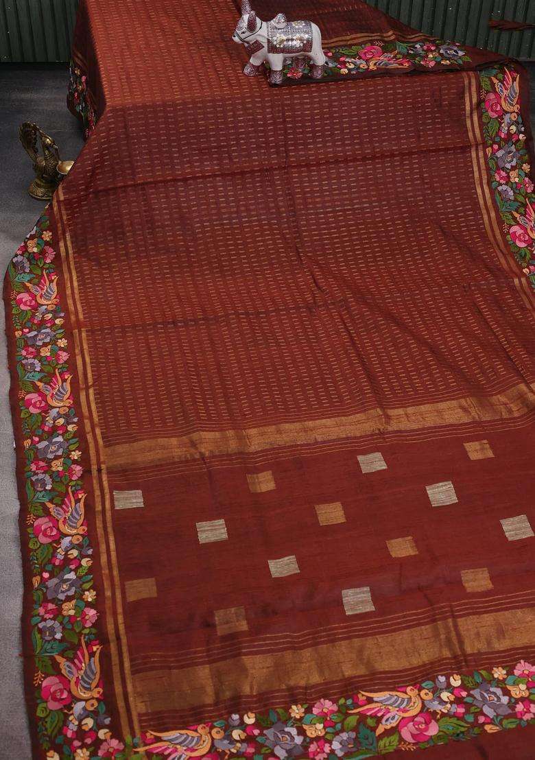 Brown Pure Dupion Silk Embroidery Saree With Embroidered Design For Women - Indya