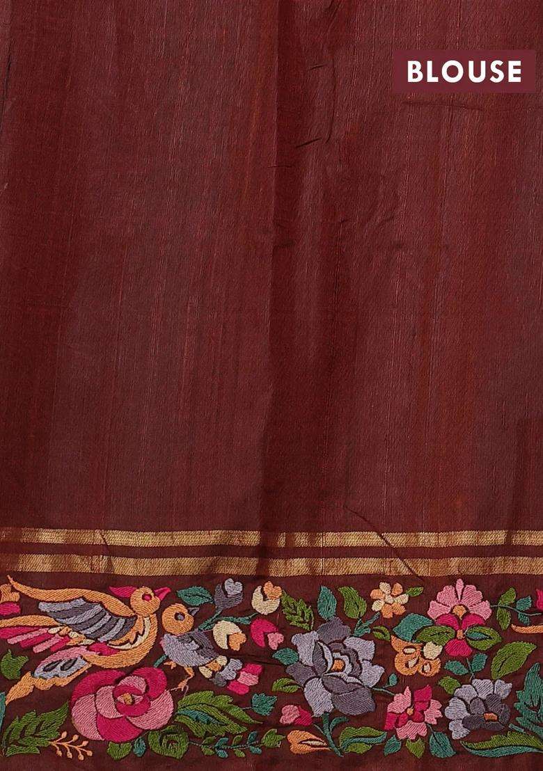 Brown Pure Dupion Silk Embroidery Saree With Embroidered Design For Women - Indya