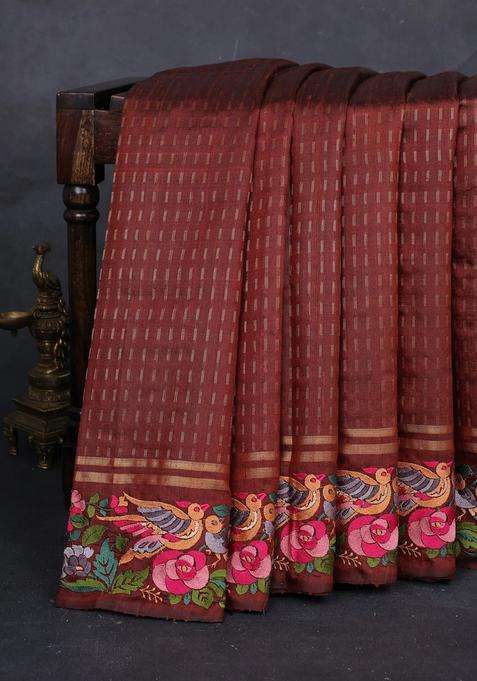 Brown Pure Dupion Silk Embroidery Saree With Embroidered Design For Women