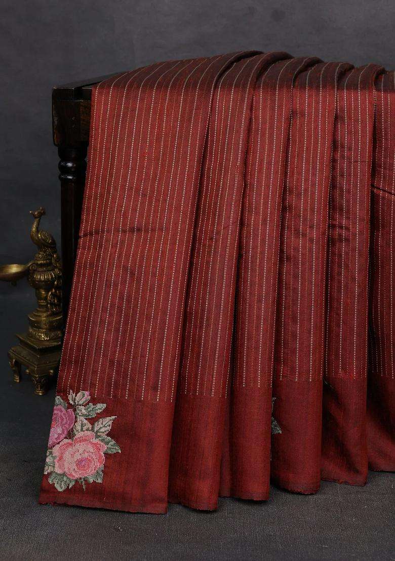 Brown Pure Dupion Silk Embroidery Saree With Embroidered Design For Women - Indya