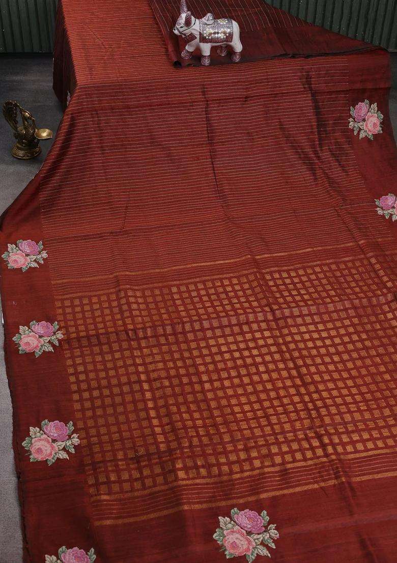 Brown Pure Dupion Silk Embroidery Saree With Embroidered Design For Women - Indya