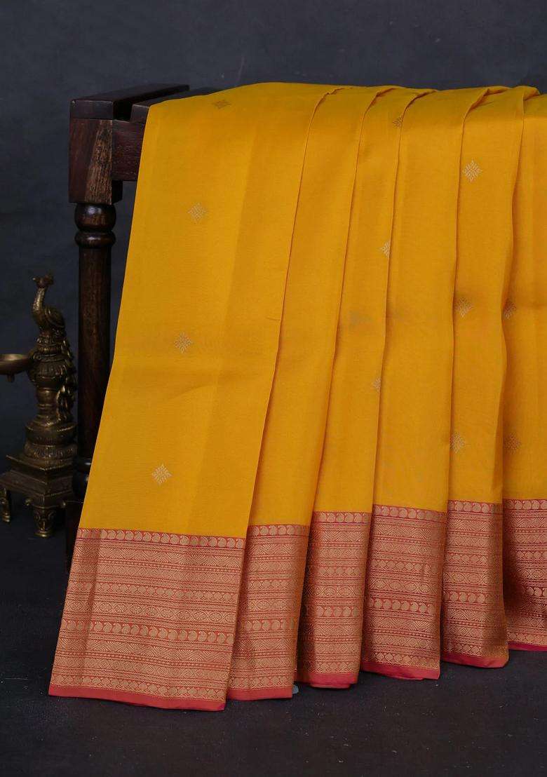 Yellow Pink Kanchipuram Silk Buttas Saree With Buttas And Brocade Design For Women - Indya