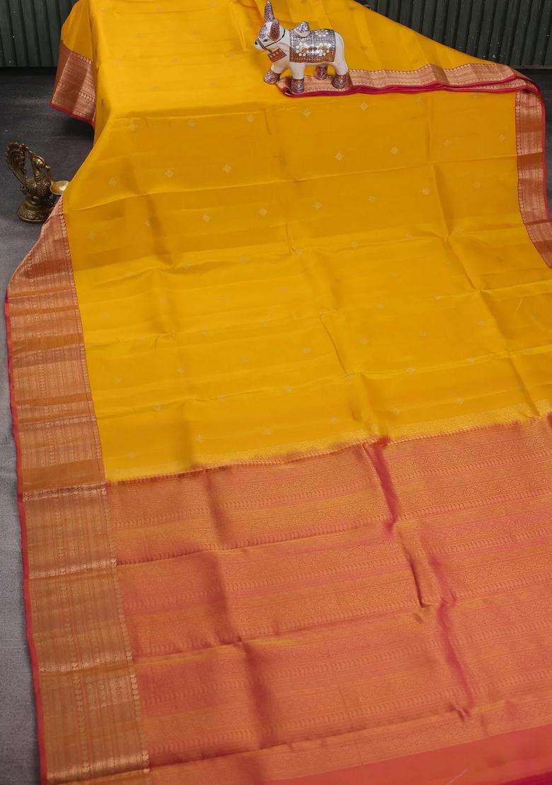 Yellow Pink Kanchipuram Silk Buttas Saree With Buttas And Brocade Design For Women - Indya
