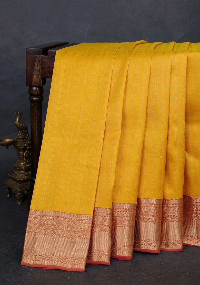 Mustard Yellow Pink Kanchipuram Silk Weaves Saree With Traditional Woven Design For Women - Indya