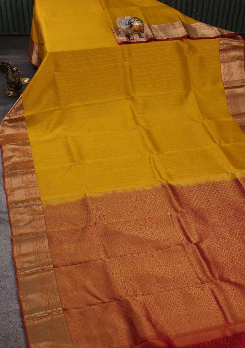 Mustard Yellow Pink Kanchipuram Silk Weaves Saree With Traditional Woven Design For Women - Indya