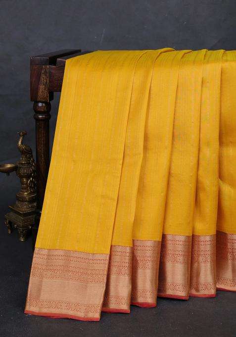 Mustard Yellow Pink Kanchipuram Silk Weaves Saree With Traditional Woven Design For Women
