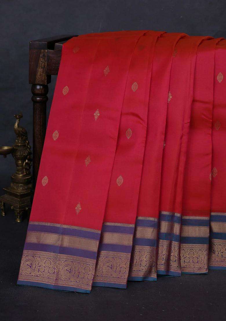 Orange Teal Green Kanchipuram Silk Buttas Saree With Buttas And Brocade Design For Women - Indya