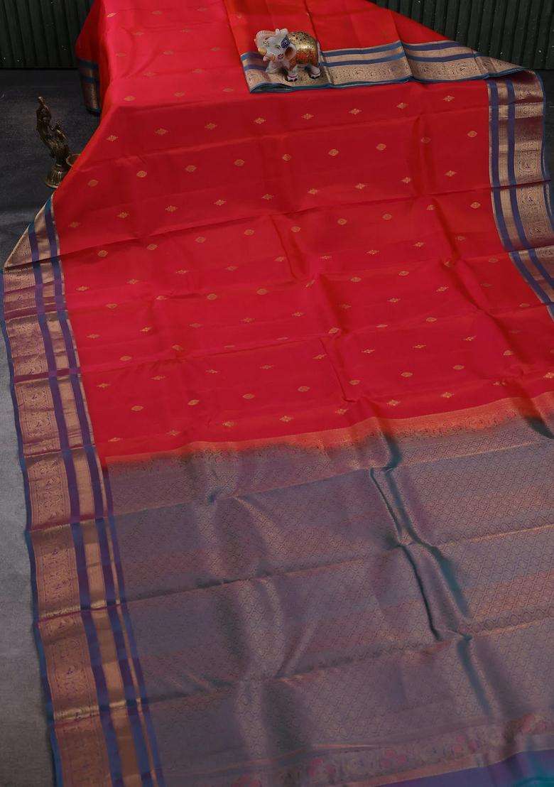 Orange Teal Green Kanchipuram Silk Buttas Saree With Buttas And Brocade Design For Women - Indya