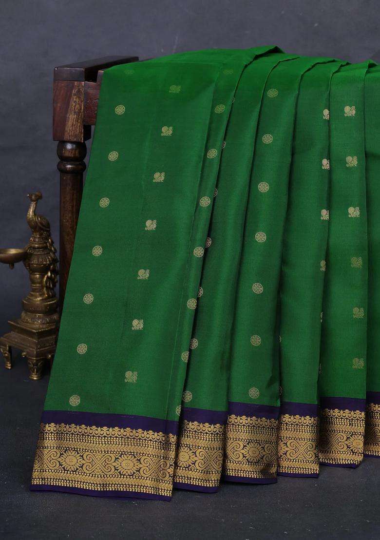 Green Navy Blue Kanchipuram Silk Buttas Saree With Buttas And Brocade Design For Women - Indya