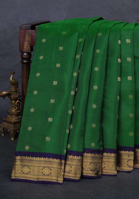 Green Navy Blue Kanchipuram Silk Buttas Saree With Buttas And Brocade Design For Women