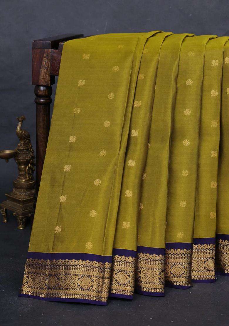 Mehendi Green Navy Blue Kanchipuram Silk Buttas Saree With Buttas And Brocade Design For Women - Indya