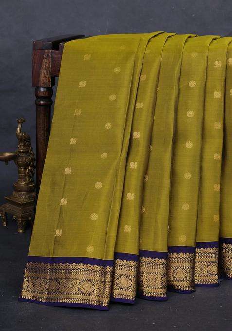 Mehendi Green Navy Blue Kanchipuram Silk Buttas Saree With Buttas And Brocade Design For Women