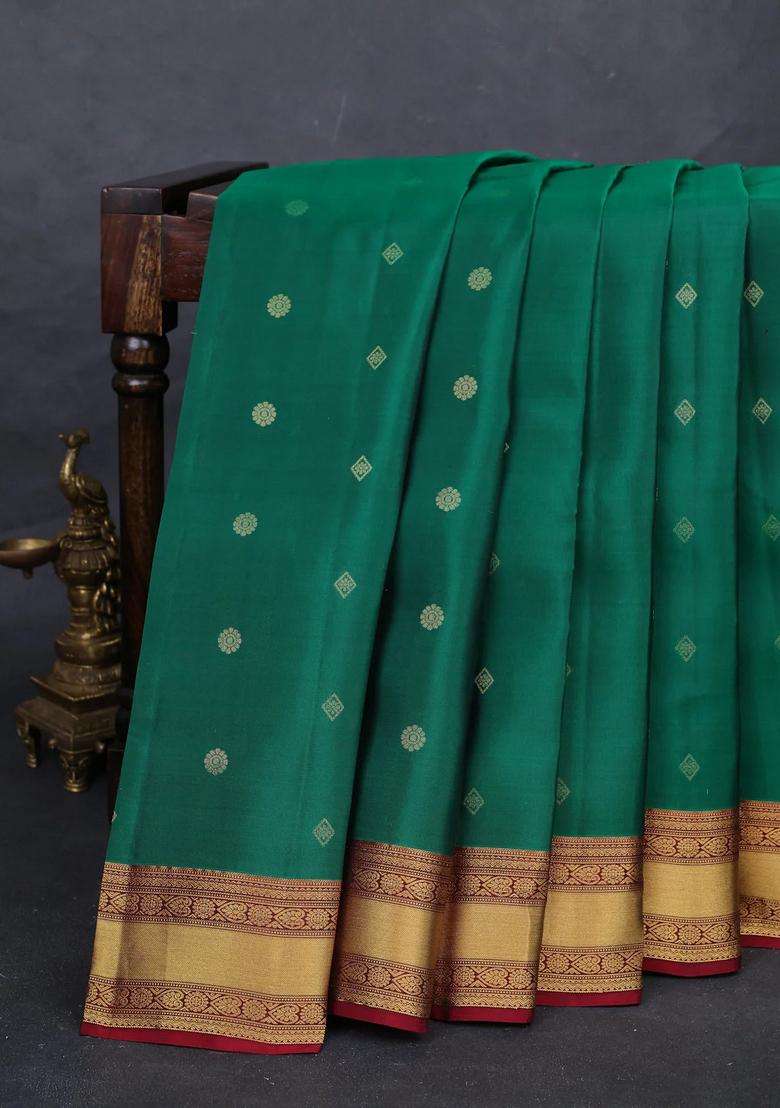 Green Maroon Kanchipuram Silk Buttas Saree With Buttas And Brocade Design For Women - Indya