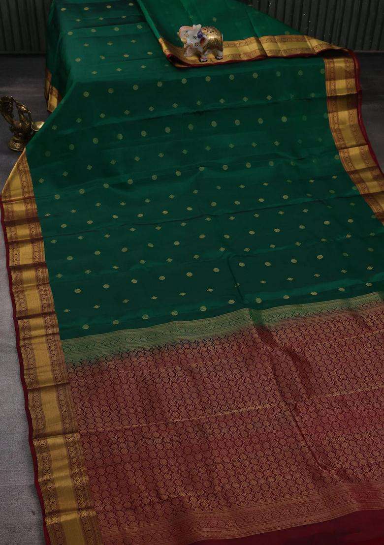 Green Maroon Kanchipuram Silk Buttas Saree With Buttas And Brocade Design For Women - Indya