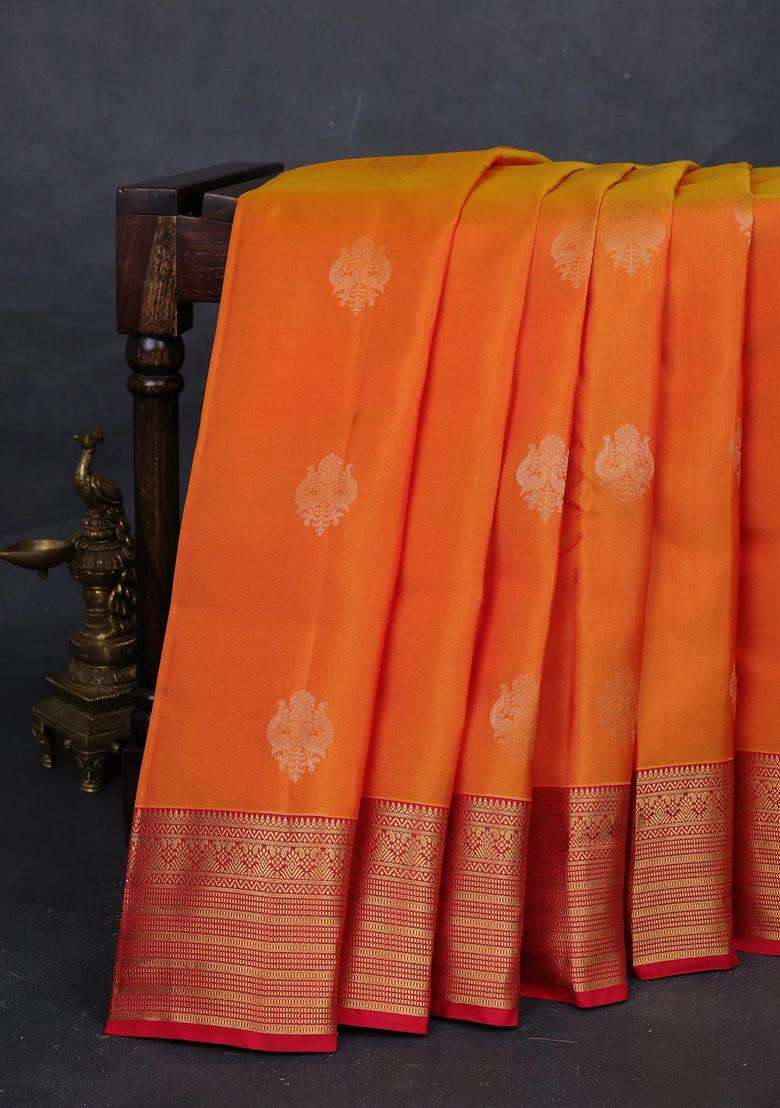 Sunset Orange Red Kanchipuram Silk Buttas Saree With Buttas And Brocade Design For Women - Indya
