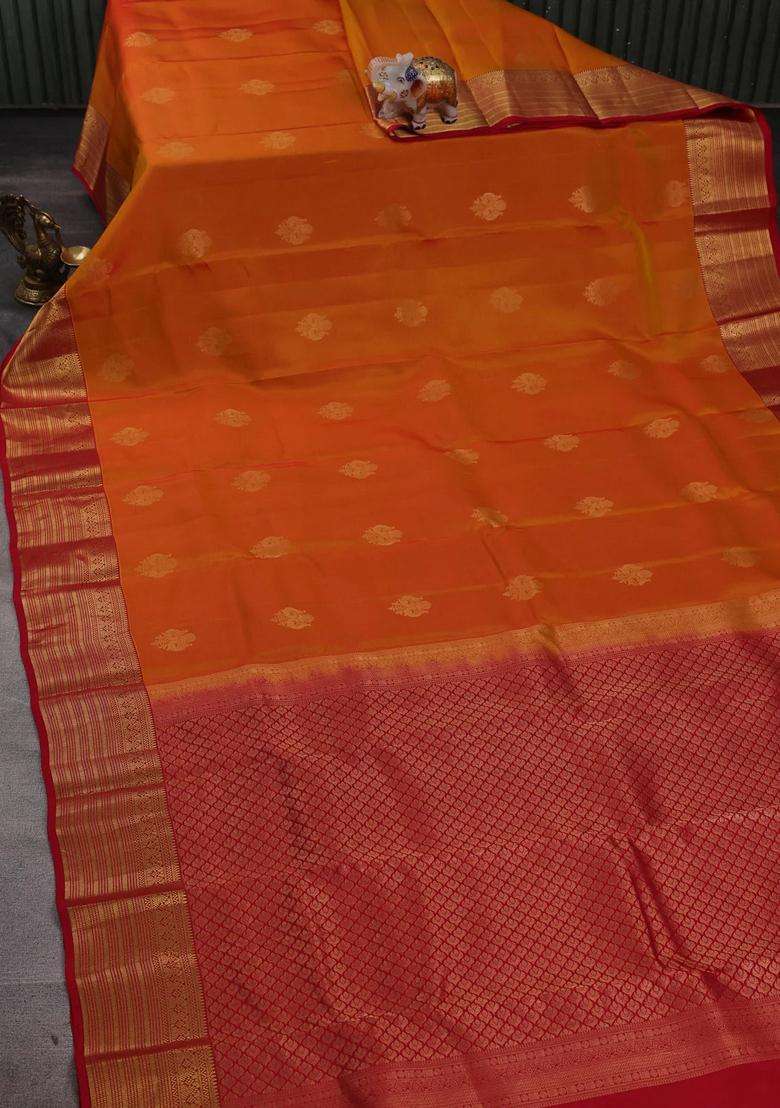 Sunset Orange Red Kanchipuram Silk Buttas Saree With Buttas And Brocade Design For Women - Indya