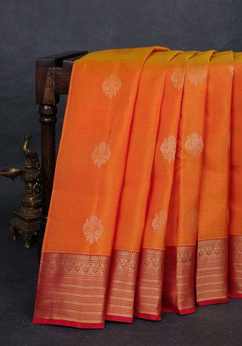 Sunset Orange Red Kanchipuram Silk Buttas Saree With Buttas And Brocade Design For Women